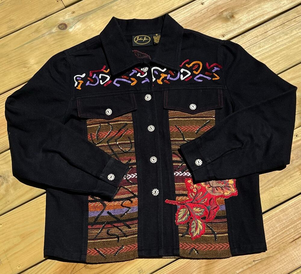 Julia Kim Embroidered Jacket S Women Black Boho Southwestern Aztec Floral Button